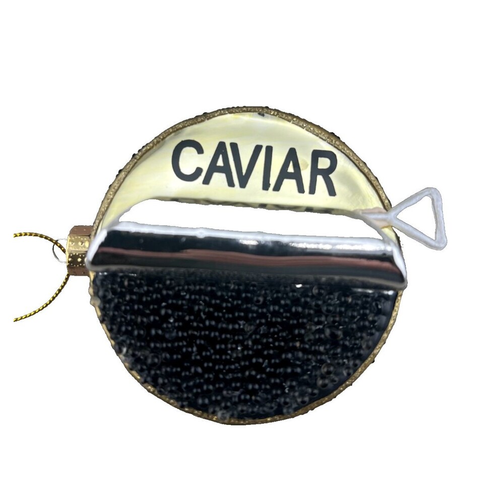 NWT Macy's Holiday Lane Glass Caviar Tin Christmas Ornament Black Gold Glitter